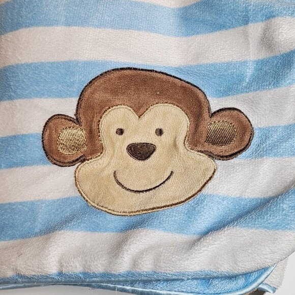 Just One You Carter's Monkey Baby Blanket Striped Blue Brown  Soft Sherpa - Picture 2 of 5